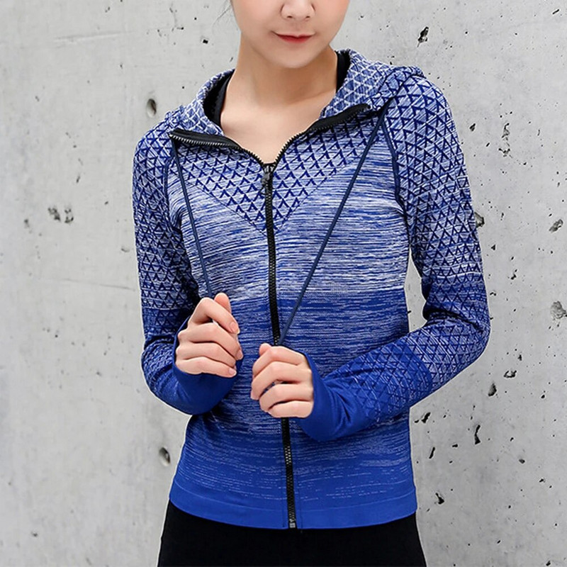 Sportiniai drabužiai su užtrauktuku su skrybėle Jogos marškinėliai Ilgi Besiūliai Viršutiniai drabužiai Mergaičių sportiniai megztiniai Moteriški paltai Bėgiojanti Sportinė striukė