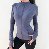 Rudens plonos apykaklės sportinis paltas Moteriškas užtrauktukas Nailono „Jogger“ fitneso striukė su nykščio skylutėmis Greitai džiūstantys sportiniai jogos viršutiniai drabužiai