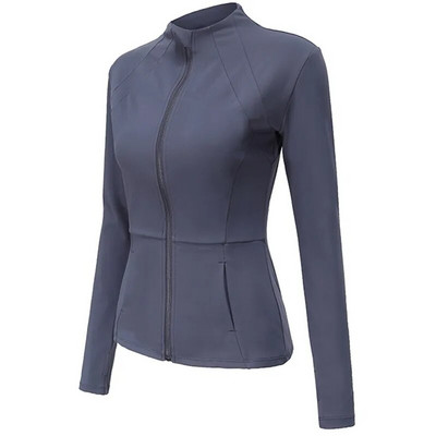 Rudens plonos apykaklės sportinis paltas Moteriškas užtrauktukas Nailono „Jogger“ fitneso striukė su nykščio skylutėmis Greitai džiūstantys sportiniai jogos viršutiniai drabužiai