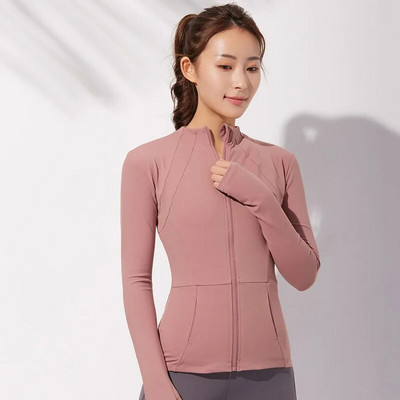 Rudens plonos apykaklės sportinis paltas Moteriškas užtrauktukas Nailono „Jogger“ fitneso striukė su nykščio skylutėmis Greitai džiūstantys sportiniai jogos viršutiniai drabužiai
