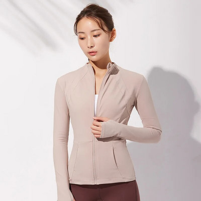 Rudens plonos apykaklės sportinis paltas Moteriškas užtrauktukas Nailono „Jogger“ fitneso striukė su nykščio skylutėmis Greitai džiūstantys sportiniai jogos viršutiniai drabužiai