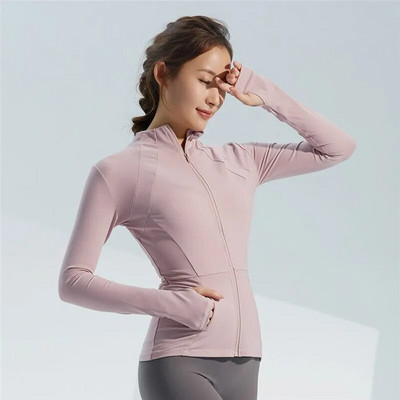 Rudens plonos apykaklės sportinis paltas Moteriškas užtrauktukas Nailono „Jogger“ fitneso striukė su nykščio skylutėmis Greitai džiūstantys sportiniai jogos viršutiniai drabužiai
