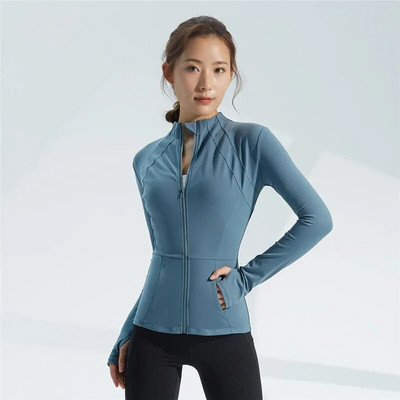 Rudens plonos apykaklės sportinis paltas Moteriškas užtrauktukas Nailono „Jogger“ fitneso striukė su nykščio skylutėmis Greitai džiūstantys sportiniai jogos viršutiniai drabužiai