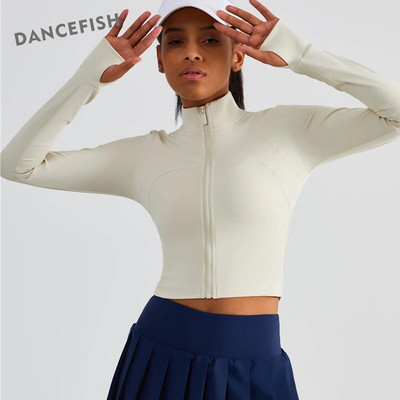 DANCEFISH Women Stand-Up Collar Tight Fit Jacket High-Intensity Training Activewear Short Tops Anti-Slip Zipper Fitness Coat