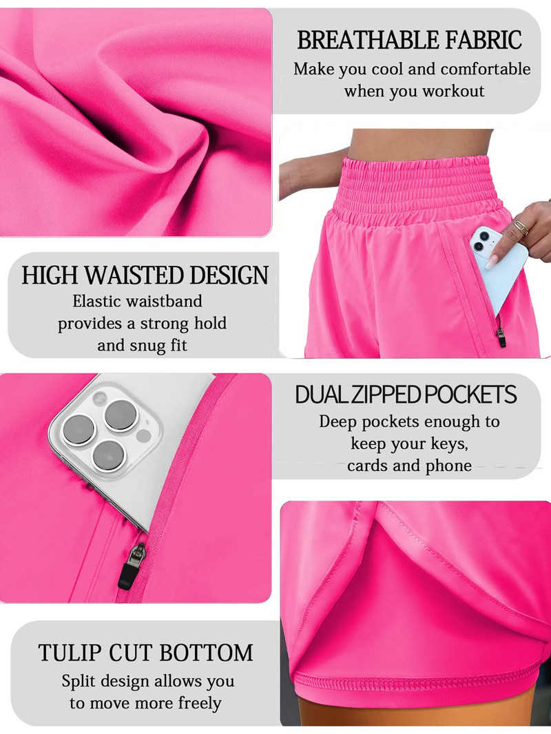 Moteriški bėgimo šortai Elastingi aukštu liemeniu kišeniniai sportiniai šortai greitai džiūstantys sportiniai šortai