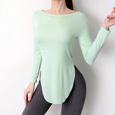 Tricou sport cu mânecă lungă pentru femei, cu desfășurare laterală, tricou de yoga din nailon, cu uscare rapidă, maiuri libere pentru fitness
