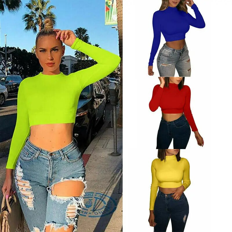 Moteriški marškiniai su puse apykakle Vientisai apatiniai marškiniai „Crop Tops“ Moteriški ilgomis rankovėmis siauri marškiniai Madingi moteriški megztiniai