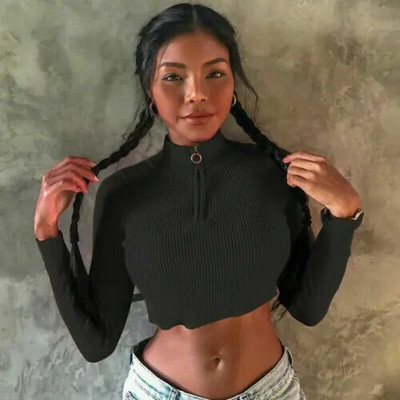 Tricou subțire, tricotat, sexy, gotic, elastic, pentru femei, cu mânecă lungă, cu gât țesut, Topuri, cămăși, pulovere solide, tricou elastic