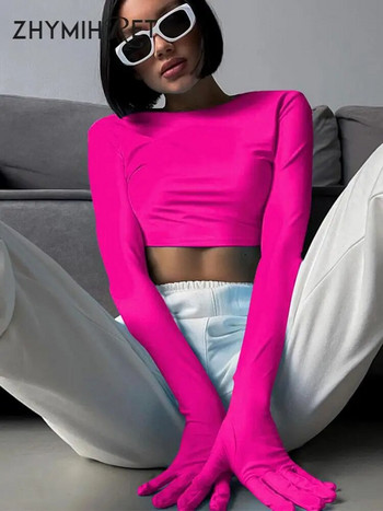 ZHYMIHRET Неонов цвят с дълги ръкавици Y2K Crop Tops 2023 Есенна тениска за дамско облекло Kawaii Корейска мода Streetwear