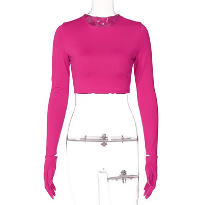 ZHYMIHRET Culoare neon cu mâneci lungi cu mănuși Y2K Crop tops 2023 tricou de toamnă pentru femei îmbrăcăminte Kawaii moda coreeană Streetwear