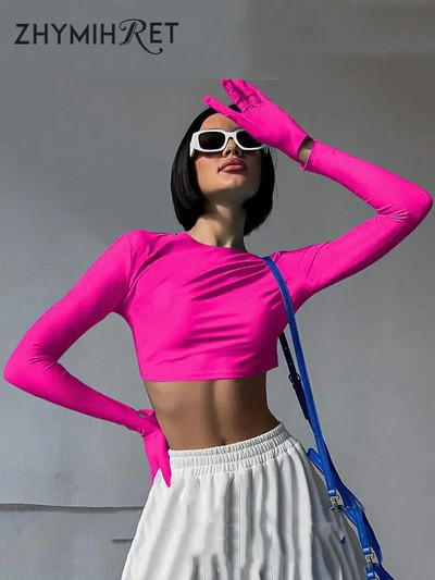 ZHYMIHRET Неонов цвят с дълги ръкавици Y2K Crop Tops 2023 Есенна тениска за дамско облекло Kawaii Корейска мода Streetwear