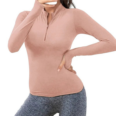 Moteriški ploni ilgomis rankovėmis vienspalviai marškinėliai su pusiau užtrauktuku Quick Dry Fitness Sporto salės palaidinė bėgimo marškinėliai Sportiniai jogos drabužiai