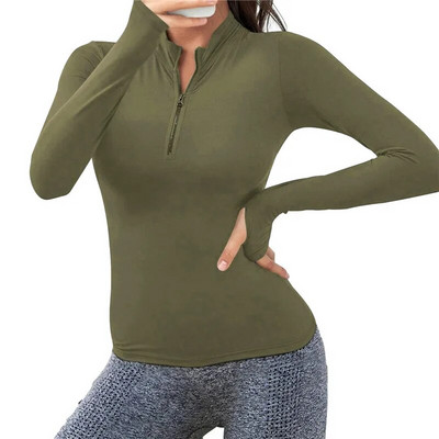 Moteriški ploni ilgomis rankovėmis vienspalviai marškinėliai su pusiau užtrauktuku Quick Dry Fitness Sporto salės palaidinė bėgimo marškinėliai Sportiniai jogos drabužiai