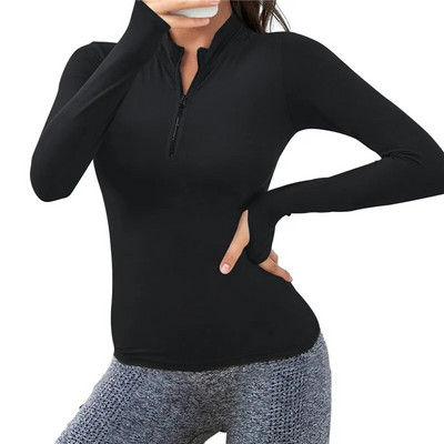 Moteriški ploni ilgomis rankovėmis vienspalviai marškinėliai su pusiau užtrauktuku Quick Dry Fitness Sporto salės palaidinė bėgimo marškinėliai Sportiniai jogos drabužiai