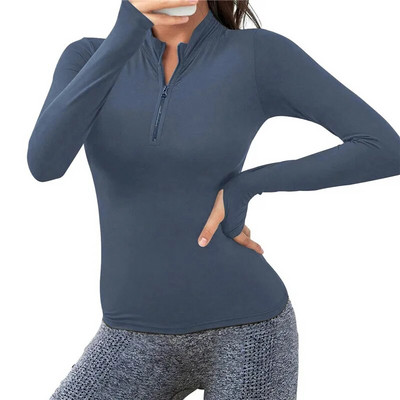 Moteriški ploni ilgomis rankovėmis vienspalviai marškinėliai su pusiau užtrauktuku Quick Dry Fitness Sporto salės palaidinė bėgimo marškinėliai Sportiniai jogos drabužiai