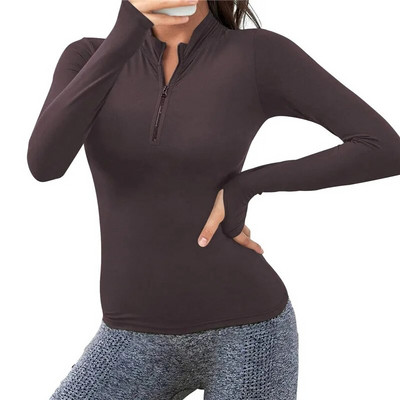 Moteriški ploni ilgomis rankovėmis vienspalviai marškinėliai su pusiau užtrauktuku Quick Dry Fitness Sporto salės palaidinė bėgimo marškinėliai Sportiniai jogos drabužiai