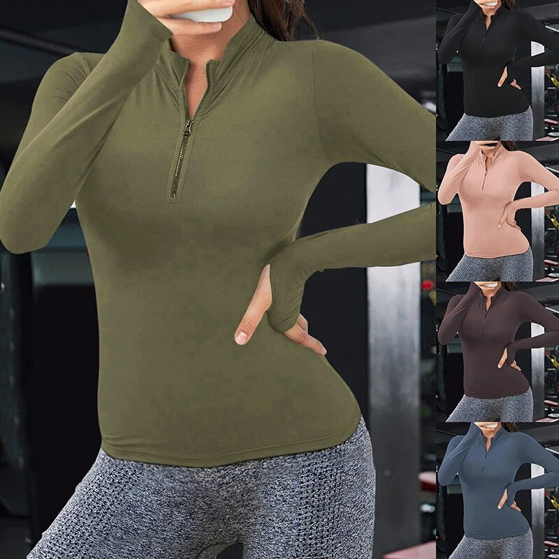 Moteriški ploni ilgomis rankovėmis vienspalviai marškinėliai su pusiau užtrauktuku Quick Dry Fitness Sporto salės palaidinė bėgimo marškinėliai Sportiniai jogos drabužiai