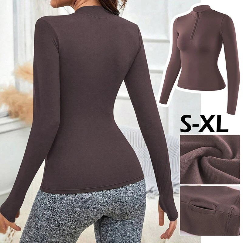Moteriški ploni ilgomis rankovėmis vienspalviai marškinėliai su pusiau užtrauktuku Quick Dry Fitness Sporto salės palaidinė bėgimo marškinėliai Sportiniai jogos drabužiai