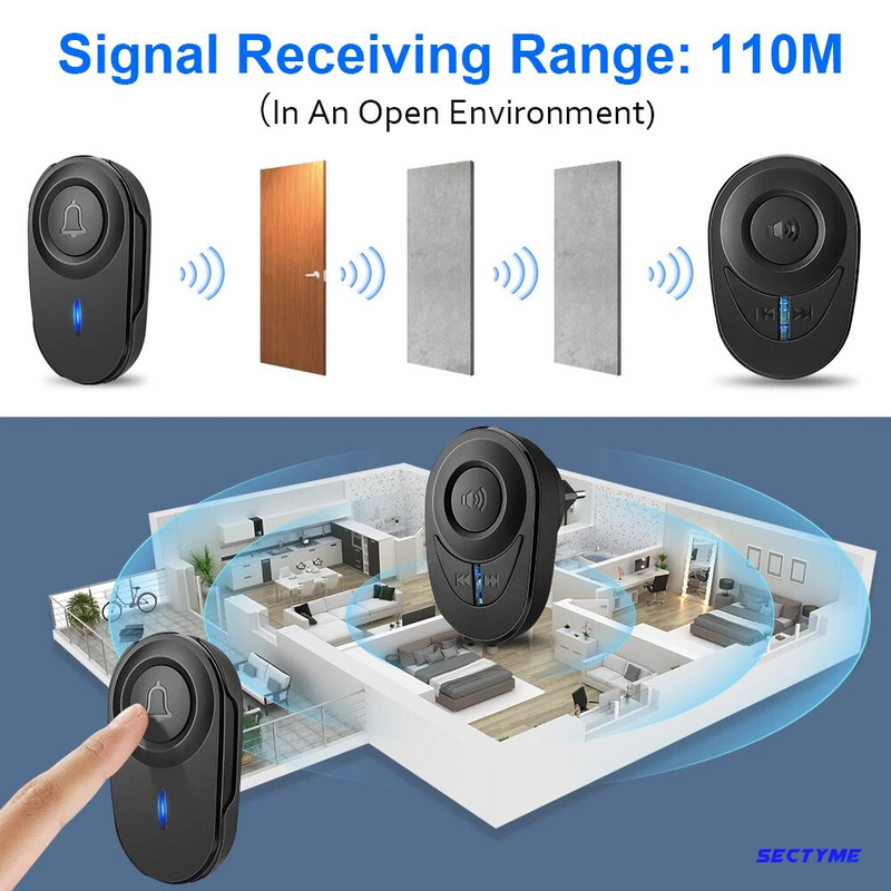 Sectyme Intellige Wireless Doorbell Outdoor Waterproof Smart Door Door Bell EU Plug 48 Chords LED Flash Συναγερμός ασφαλείας σπιτιού