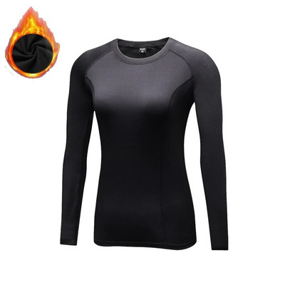 Tricou cu mânecă lungă pentru femei Cămașă neagră cu gât rotund Toamnă iarnă Schi Jogging Fleece Cămașă caldă de compresie îmbrăcăminte sport