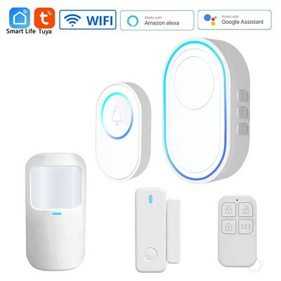 Sonerie wireless WiFi Tuya Sistem de alarmă de securitate pentru casă inteligentă Conectare 433MHz Detector Modul alertă Bun venit Kit de lumini LED pentru sonerie
