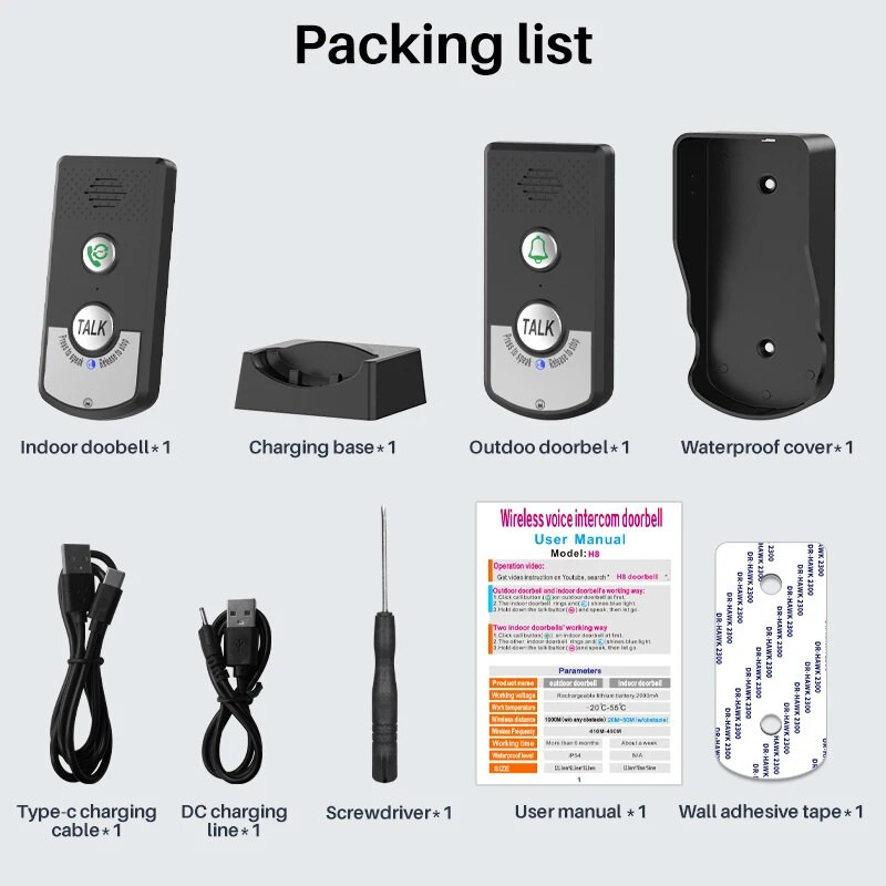 Αδιάβροχο κουδούνι πόρτας Επαναφορτιζόμενο Έξυπνο ασύρματο κουδούνι φωνητικής κλήσης Κιτ κουμπιών υπεριώδους ακτινοβολίας για εσωτερικούς εξωτερικούς χώρους