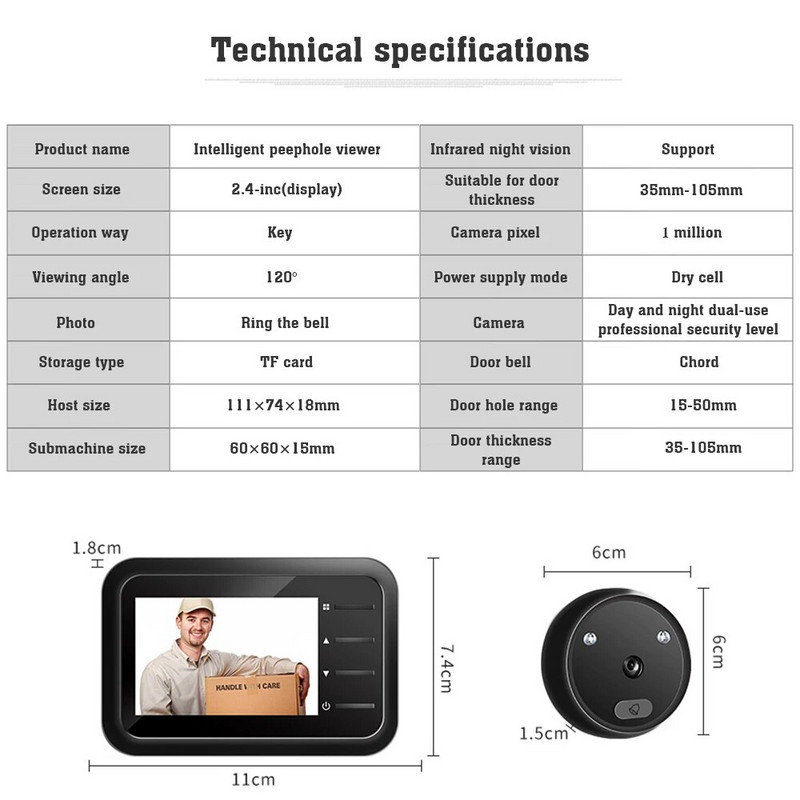 WiFi Doorbell Door Viewer Κάμερα ματάκι πόρτας με ασύρματη οθόνη Διαθέσιμη ζωντανή προβολή Ψηφιακή λήψη φωτογραφιών νυχτερινής όρασης