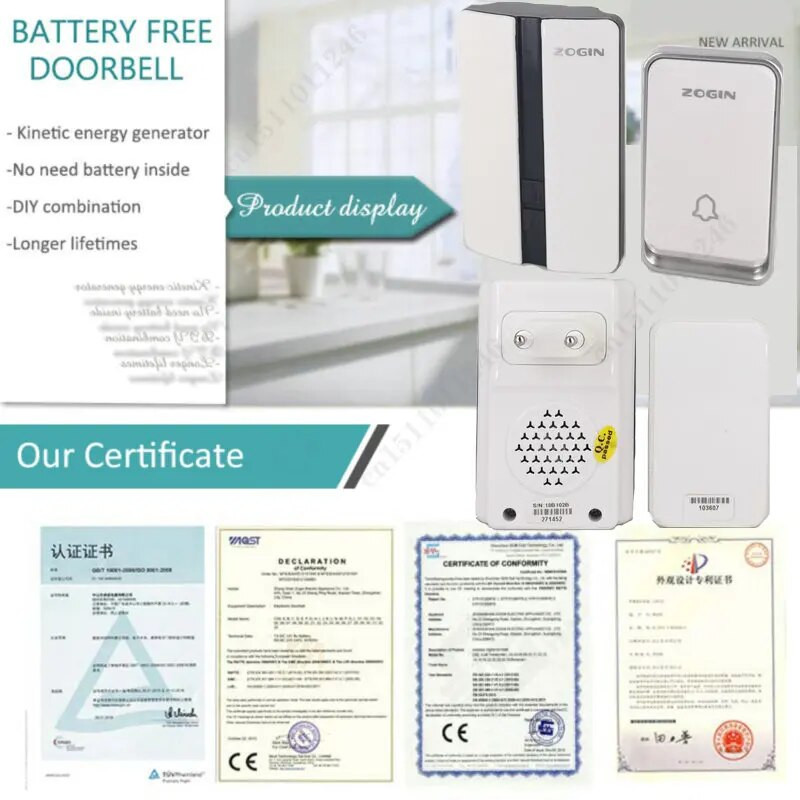 Έξυπνα σετ κουδουνιών πόρτας Ασύρματο κουδούνι πόρτας Αδιάβροχο αυτοτροφοδοτούμενο κουμπί Δέκτης κουδουνιών για το σπίτι εξωτερικού χώρου Δέκτης δωρεάν μπαταρία Κουδούνι πόρτας