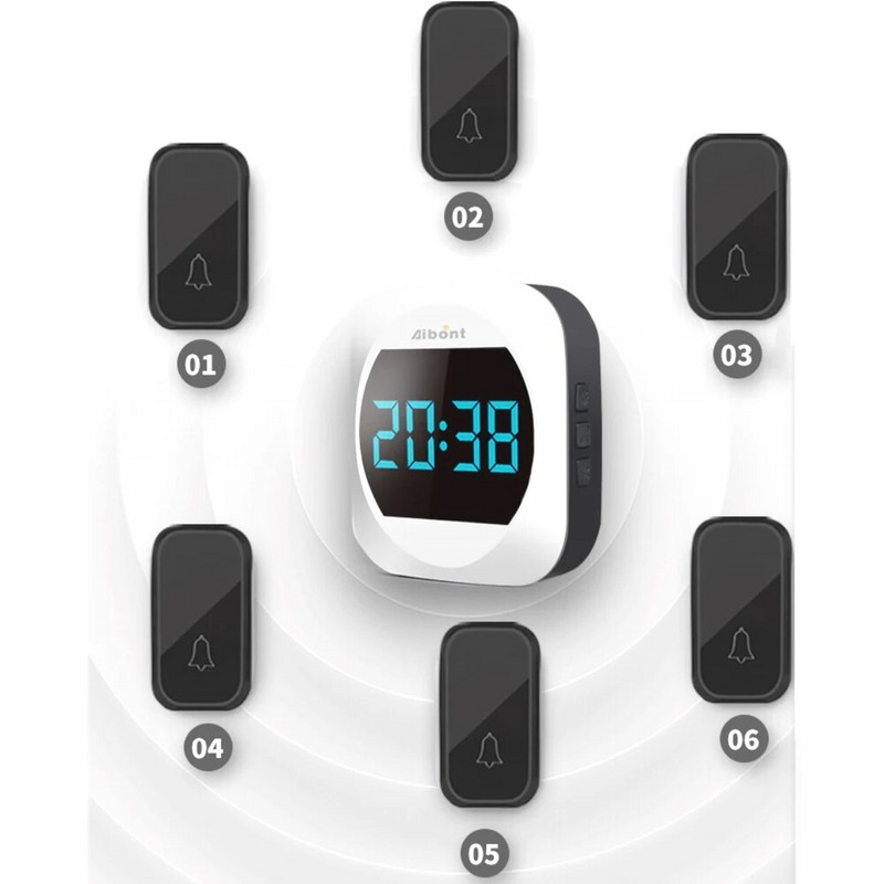 Αυτοτροφοδοτούμενο ασύρματο κουδούνι πόρτας με ένδειξη χρόνου Τηλεχειριστήριο ασύρματο κουδούνι πόρτας AC 100V-240V για γραφείο στο σπίτι του ξενοδοχείου