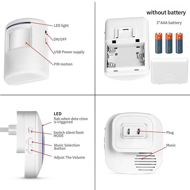 Jaotatud tüüpi infrapunaandur juhtmevaba uksekella liikumisandur häiresüsteem kaubanduslik tervituskell 110-240V 38 tooni vastuvõtja Uus