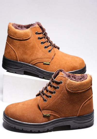 Férfi hócsizmák acél orrú zúzódásgátló bokacsizmák melegen, plüss szőrmével Munkabiztonság Férfi Cipők Hegesztőcipők