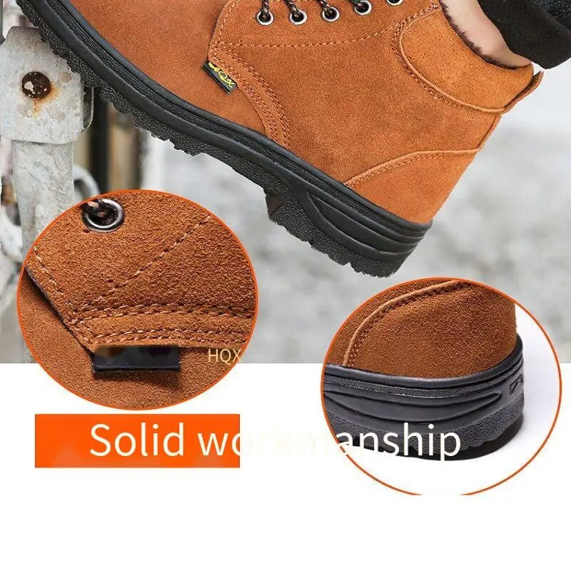 Férfi hócsizmák acél orrú zúzódásgátló bokacsizmák melegen, plüss szőrmével Munkabiztonság Férfi Cipők Hegesztőcipők