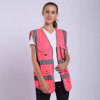 Розова предпазна жилетка за жени Hi Vis жилетка със светлоотразителни ленти Предпазна жилетка с джобове и цип