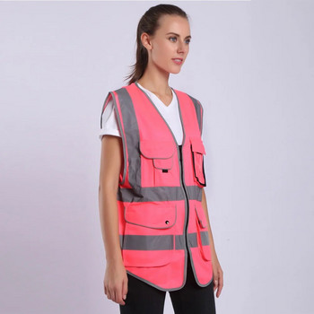 Розова предпазна жилетка за жени Hi Vis жилетка със светлоотразителни ленти Предпазна жилетка с джобове и цип