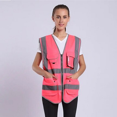 Rožinė apsauginė liemenė moterims Hi Vis Liemenė su šviesą atspindinčiomis juostelėmis apsauginė liemenė su kišenėmis ir užtrauktuku
