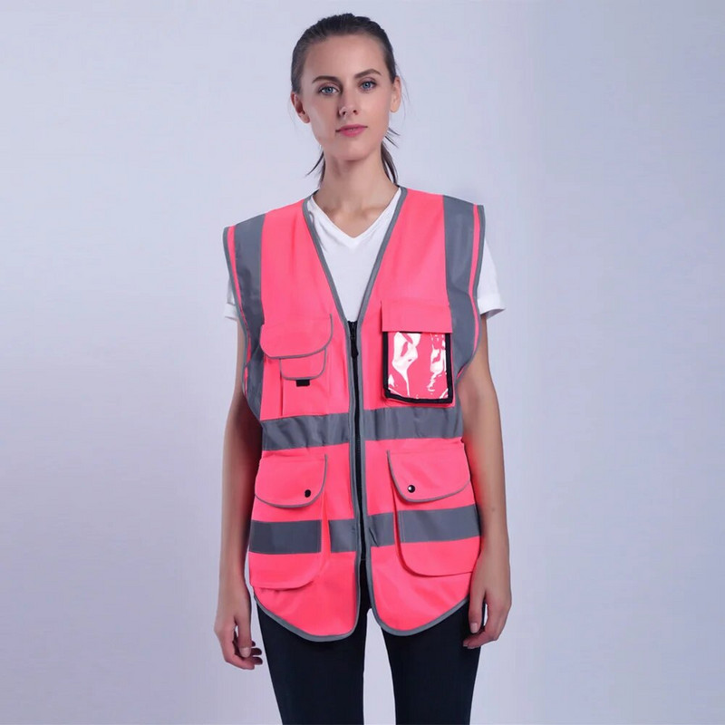 Rožinė apsauginė liemenė moterims Hi Vis Liemenė su šviesą atspindinčiomis juostelėmis apsauginė liemenė su kišenėmis ir užtrauktuku