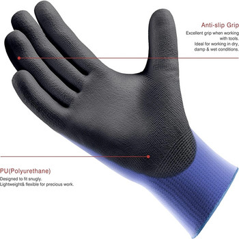 3 чифта ултратънки работни ръкавици с полиуретаново покритие, отлично сцепление, защитни работни ръкавици с найлонова обвивка, черно полиуретаново покритие, плетен маншет за китката