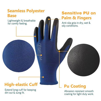12 чифта ултратънки работни ръкавици с полиуретаново покритие, отлично сцепление, предпазни ръкавици с найлонова обвивка, черно полиуретаново покритие, плетен маншет за китката