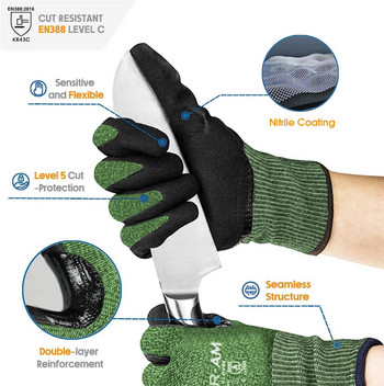 Устойчиви на порязване ръкавици от ниво 5, здрава нехлъзгаща дръжка, тежка работа, издръжливо и дишащо покритие от нитрилова пяна, сензорен екран