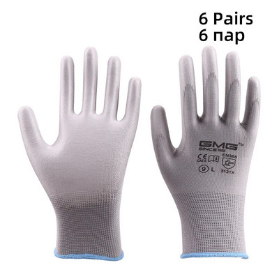 Hot Sale 6 ζεύγη GMG CE EN388 Κόκκινο πολυεστέρα μαύρο PU Γάντια ασφαλείας εργασίας Κήπος Κατασκευαστική βιομηχανία Μηχανικά γάντια εργασίας