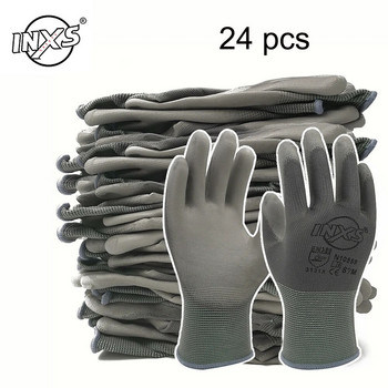 12 чифта полиестерно найлоново PU покритие предпазни работни ръкавици за строители, риболов, градина, неплъзгащи се ръкавици