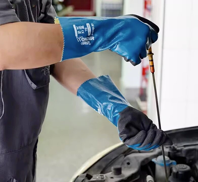 Pracovné rukavice odolné voči olejom, nitrilové, plne ponorené, s dlhou manžetou, proti plynom, biotické, protišmykové, vodeodolné, odolné voči kyselinám a chemikáliám