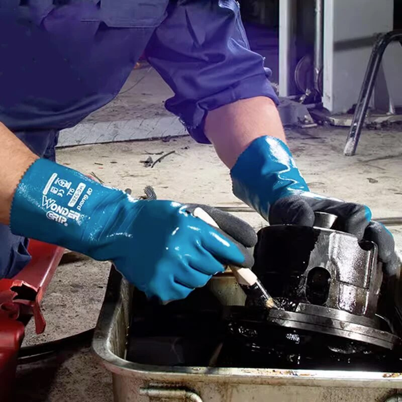 Pracovné rukavice odolné voči olejom, nitrilové, plne ponorené, s dlhou manžetou, proti plynom, biotické, protišmykové, vodeodolné, odolné voči kyselinám a chemikáliám