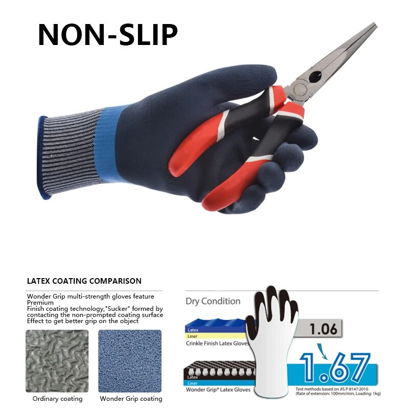 Wonder Grip WG-318 Ohutus Veekindlad Töökindad Naiste Meeste Töökindad Topeltkattega nailonkindad Mugav lateksvaht