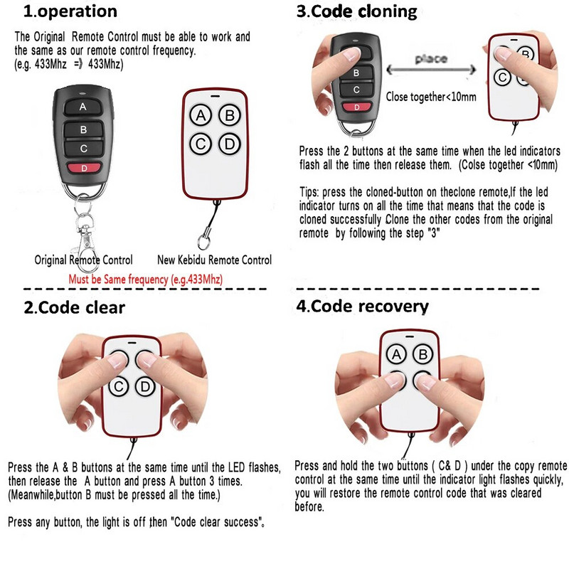 KEBIDU 433Mhz Αντιγραφή Τηλεχειριστήριο Auto 4 Channe Code Garage Gate Πόρτα γκαραζόπορτας Έλεγχος Αντιγραφέας Πύλης Τηλεχειριστήριο κλειδί