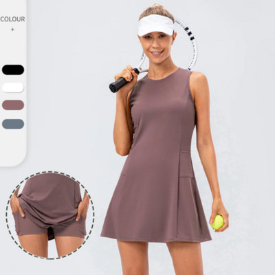 Дамска тенис пола без ръкави Пола за голф, спортна рокля с джобове Шорти Бързосъхнеща фитнес тенис рокля Къса 2 бр. Комплект дрехи