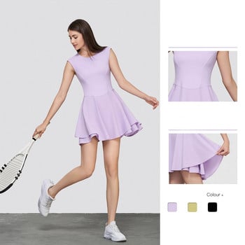 Рокля за тенис, без ръкави, извита талия, облекло за бадминтон за фитнес, двуслойна пола с лотосови листа, облекло за голф, дамско