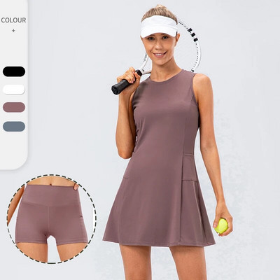 Tennis Dress Women With Separate Shorts Sleeveless Golf Sport Skirts Set with Pockets Training Running Fitness Female Badminton