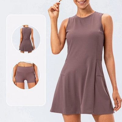 Rochie tenis femei cu pantaloni scurți separati fuste sport golf fără mâneci Set cu buzunare Antrenament alergare fitness badminton feminin