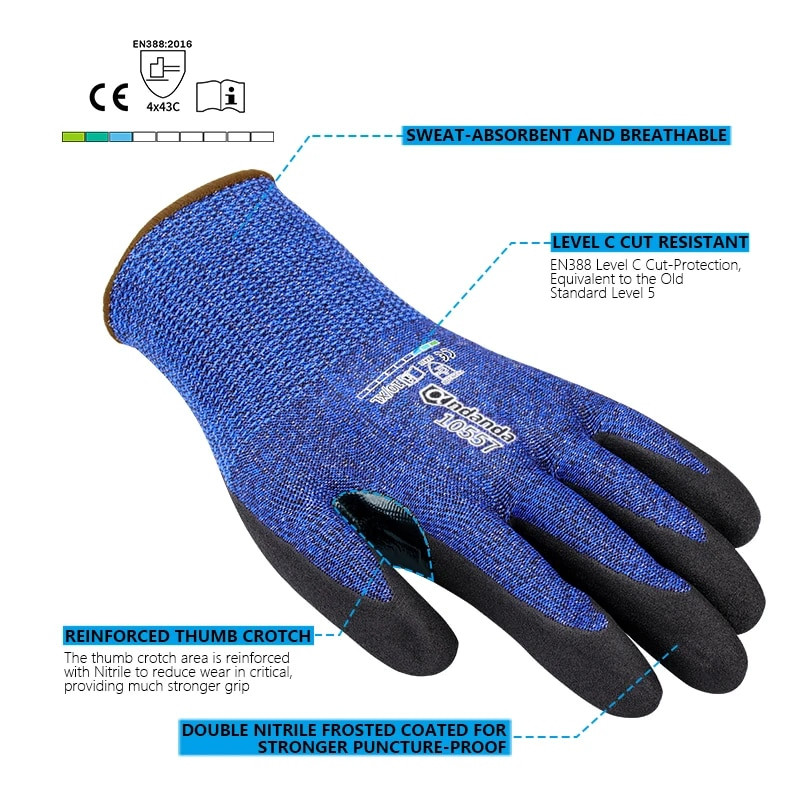 Andanda 1Pair Level 5 Anti-cut Gloves,Cut Resistant C NBR Sandy Finish Glove (διπλή εμβάπτιση) με γάντια εργασίας ενίσχυσης αντίχειρα